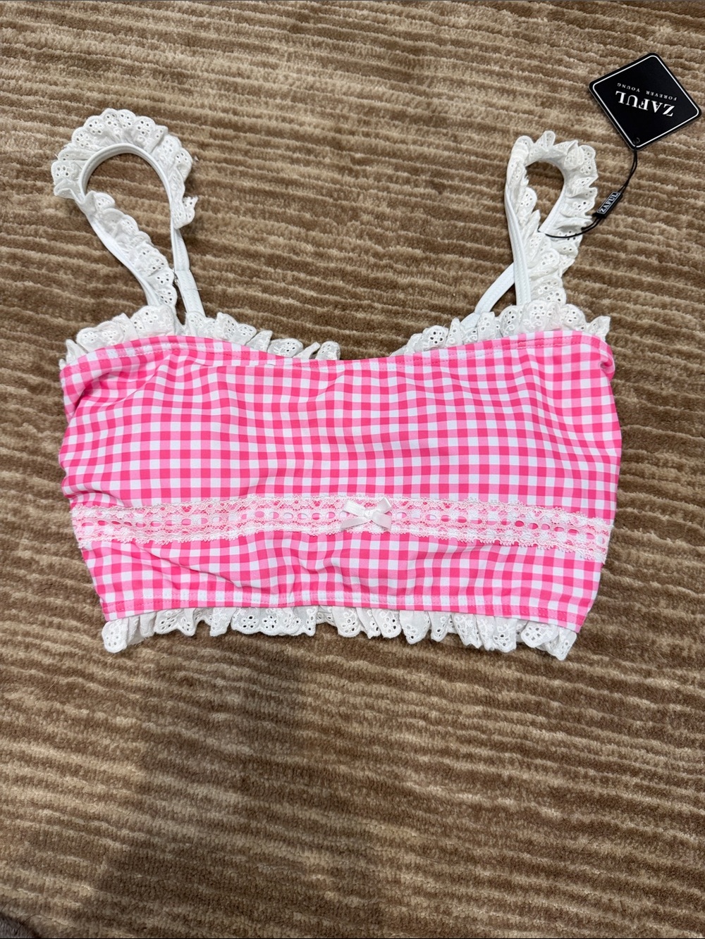 Sadly Pink Gingham Lace-Trim Crop bathing suit Top